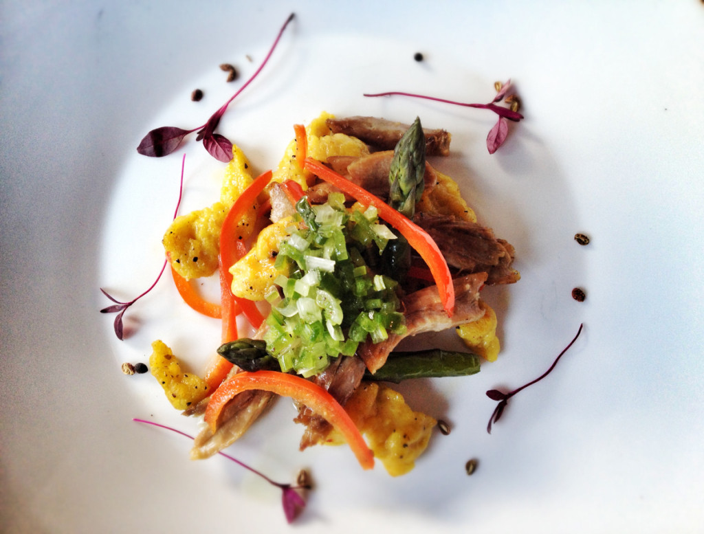 Starters at Quantus - Szechuan duck leg confit, saffron spaetzle, asparagus, peppers, green salsa criolla.