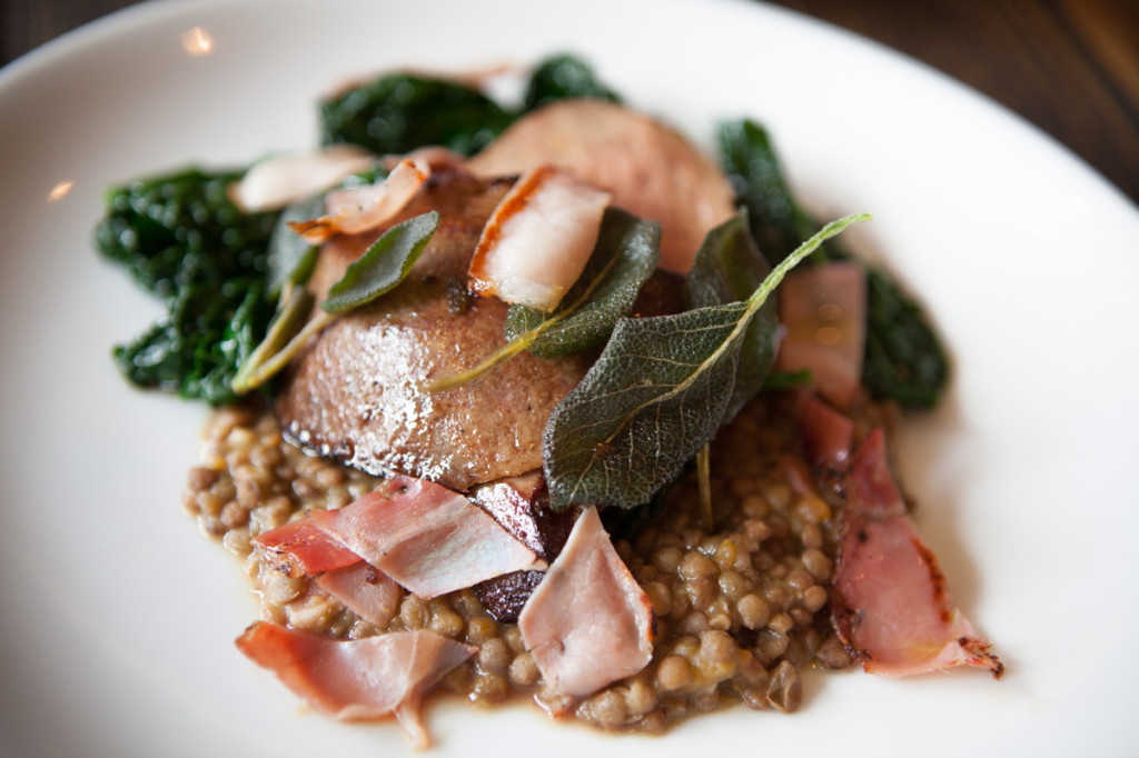 Puy lentils, chicken liver, sage, wilted greens