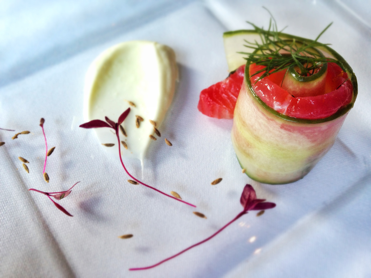 Home cured salmon marinated in citrus with fresh cucumber, light wasabi mayo, dill