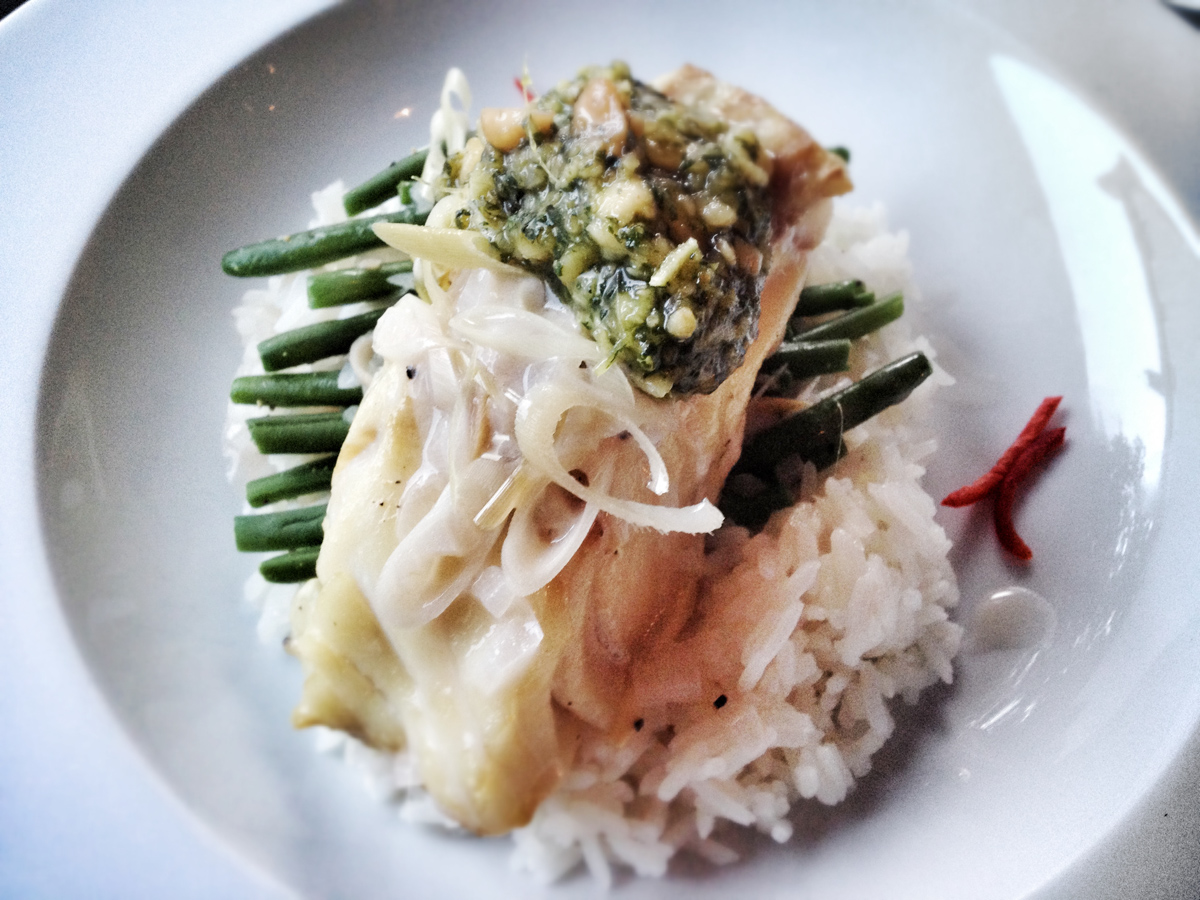 Lime and coconut fish, chilli, ginger, coriander and peanut gremolata, green beans and jasmine rice